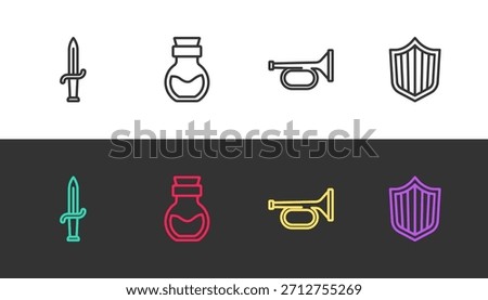 Set line Dagger, Poison in bottle, Trumpet and Shield on black and white. Vector