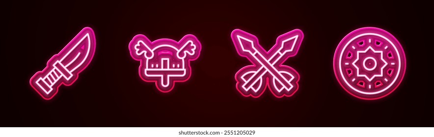 Set line Daga, Vikingo en casco con cuernos, flechas medievales y escudo vikingo. Icono de neón brillante. Vector