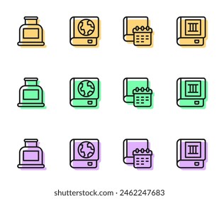 Fije la línea Diario bloc de notas de papel, Inkwell, globo terrestre y libro y libro icono de libro. Vector