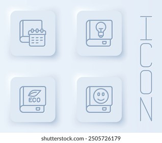 Set line Daily paper notepad, User manual, Book about ecology and . White square button. Vector