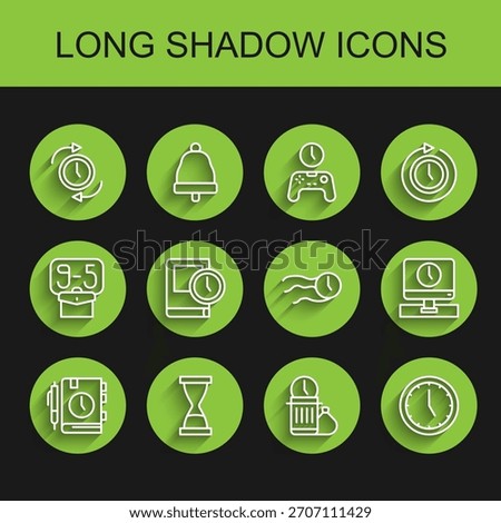 Set line Daily paper notepad, Old hourglass with sand, Clock arrow, Waste of time, Time for book, Monitor and flies the clock icon. Vector