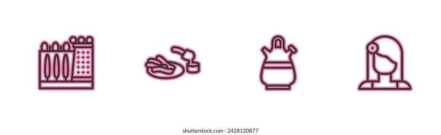 Set line Dali museum, Sangria pitcher, Churros and chocolate and Spanish woman icon. Vector