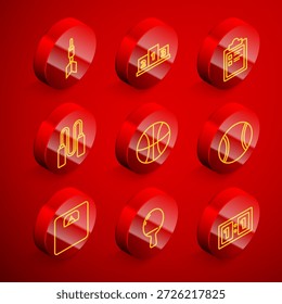 Set line Flecha de dardo, premio sobre el podio del ganador de deportes, programa de entrenamiento deportivo, cuerda de salto, baloncesto, tenis, básculas de baño y raqueta para jugar icono de tenis de mesa. Vector