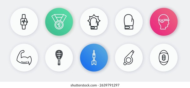 Set line Dart arrow, Baseball helmet, Bodybuilder showing his muscles, Whistle, Boxing glove, Punch boxing gloves, American Football and Tennis racket icon. Vector