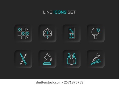 Set line Dart arrow, Bowling pin, Chess, Crossed billiard cues, Racket, Domino, Game dice and Tic tac toe game icon. Vector