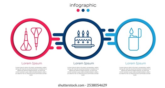 Set line Flecha de Dardo, Pastel con velas encendidas y Encendedor. Plantilla de infografía de negocios. Vector