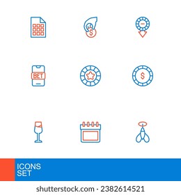Set line Dart arrow, Calendar, Wine glass, Casino chip with dollar, Online sports betting, chips,  and Hand holding casino icon. Vector