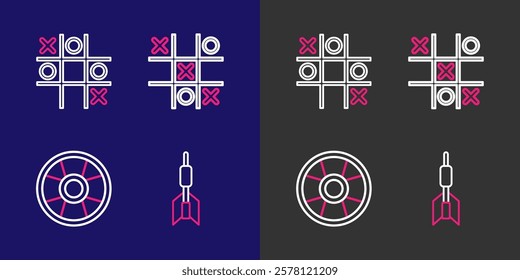 Set line Dart arrow, Casino chip, Tic tac toe game and  icon. Vector