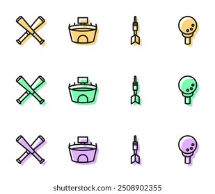 Set line Dart arrow, Crossed baseball bat, Stadium and Golf on tee icon. Vector