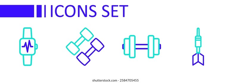 Set line Dart arrow, Dumbbell,  and Smart watch with heart icon. Vector