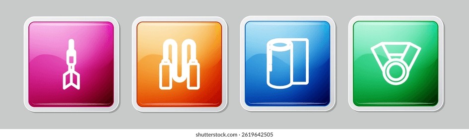 Set line Dart arrow, Jump rope, Fitness mat roll and Medal. Colorful square button. Vector