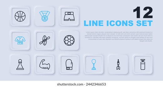 Set line Dart arrow, Punching bag, Kayak and paddle, Kimono, Bodybuilder showing his muscles, Medal and Boxing glove icon. Vector