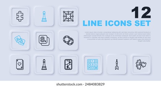 Set line Dart arrow, Puzzle pieces toy, Bingo, card, Chess,  and Air hockey table icon. Vector