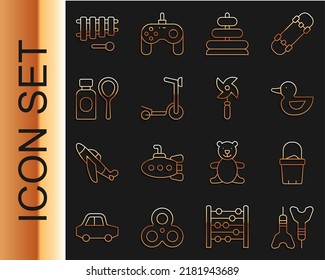 Set line Dart arrow, Sand in bucket, Rubber duck, Pyramid toy, Roller scooter, Soap bubbles bottle, Xylophone and Pinwheel icon. Vector