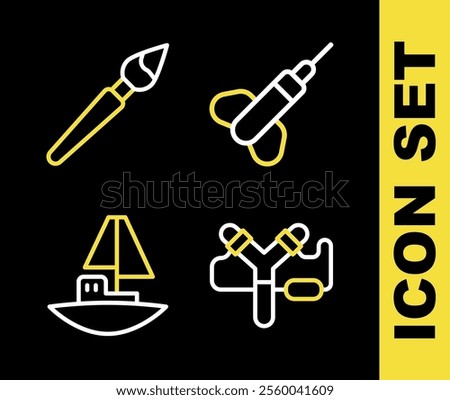 Set line Dart arrow, Slingshot, Toy boat and Paint brush icon. Vector
