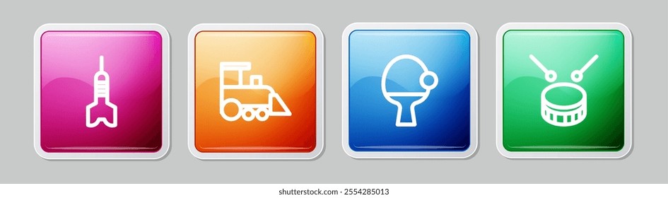 Set line Dart arrow, Toy train, Racket and ball and Drum with drum sticks. Colorful square button. Vector