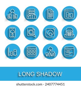Set line Data analysis, Browser files, Cloud technology data transfer, Computer network, Software, Search concept with folder, Hangar servers and  icon. Vector