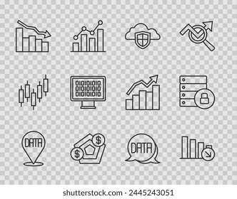 Set line Data analysis, Financial growth decrease, Cloud and shield, Binary code,  and Server security with padlock icon. Vector