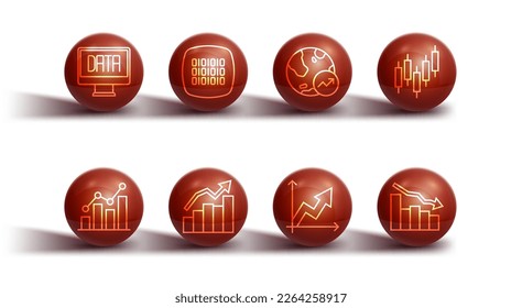 Set line Data analysis, Pie chart infographic, Browser with stocks market, Financial growth, Binary code, decrease and  icon. Vector
