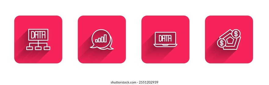 Set line Data analysis, Pie chart infographic,  and Financial growth with long shadow. Red square button. Vector