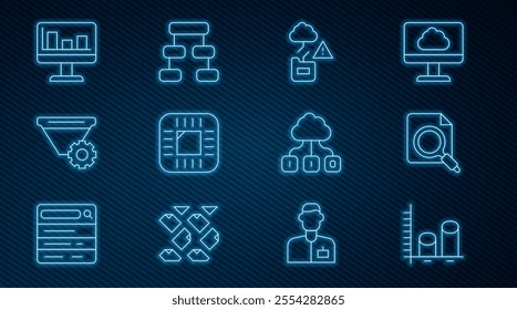 Set line Data analysis, Search concept with folder, Cloud technology data transfer, Processor CPU, Filter setting, Monitor graph chart,  and Hierarchy organogram icon. Vector