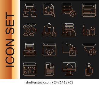 Set line Data export, Filter setting, analysis, Server and gear, Folder tree, stream, Hierarchy organogram chart and Server, Data, Web Hosting icon. Vector
