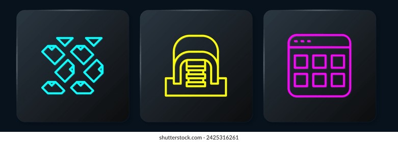 Set line Data stream, Browser files and Hangar with servers. Black square button. Vector