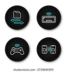 Set line Data transfer and storage, Wireless gamepad, Computer keyboard and Transfer files icon. Vector