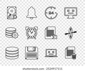 Set line Database, Delete file document, Clock 24 hours, Floppy disk, Hard drive HDD sync refresh, Alarm clock, Dead laptop and Kayak and paddle icon. Vector