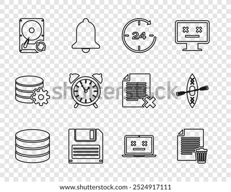 Set line Database, Delete file document, Clock 24 hours, Floppy disk, Hard drive HDD sync refresh, Alarm clock, Dead laptop and Kayak and paddle icon. Vector