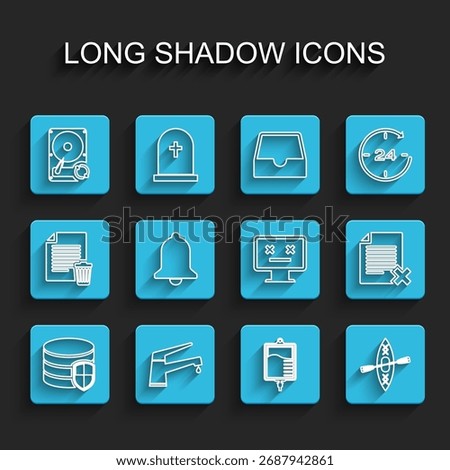 Set line Database protection, Water tap, Hard disk drive HDD sync refresh, IV bag, Kayak and paddle, Ringing bell, Delete file document and Dead monitor icon. Vector