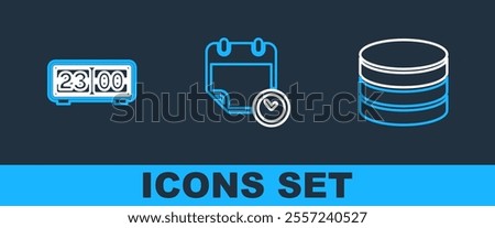 Set line Database, Retro flip clock and Calendar and icon. Vector