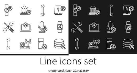 Set line Database server service, Smartwatch, Wrench, Laptop, Crossed screwdriver and wrench, Wrist, Microphone and Bank building icon. Vector