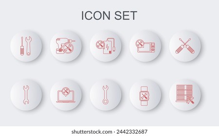Set line Database server service, Wrench, Power bank, Smartwatch, Screwdriver and wrench, Drill machine, Laptop and  icon. Vector