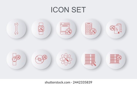 Set line Database server service, Wrist watch, Oven, Wrench, Smartwatch, CD or DVD disk and and screwdriver in gear icon. Vector
