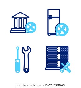 Definir linha Serviço de servidor de banco de dados, Chave de fenda e chave inglesa, Frigorífico e ícone de edifício de banco. Vetor