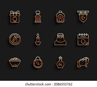 Set line Date fruit in bowl, Qibla, Gift box, Essential oil bottle, Hands praying position, Burning candle, Ramadan calendar and Muslim woman niqab icon. Vector
