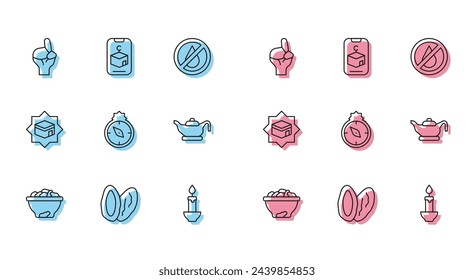 Set line Date fruit in bowl, Hands praying position, Burning candle, Qibla, Oil lamp, Kaaba mosque and Star crescent icon. Vector