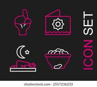 Set line Date fruit in bowl, Muslim man prays, Octagonal star and Hands praying position icon. Vector