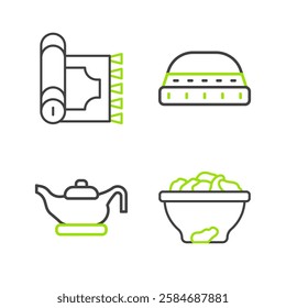 Set line Date fruit in bowl, Oil lamp, Muslim hat for prayer and Traditional carpet icon. Vector