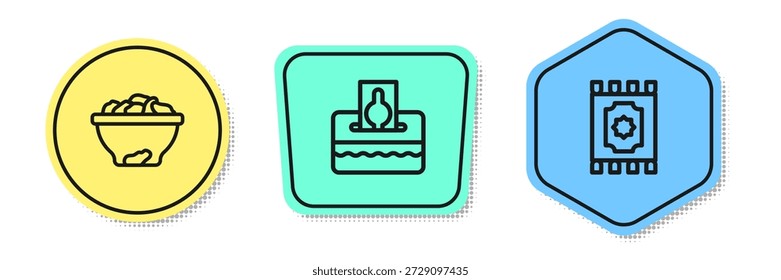 Set line Date fruit in bowl, Donate or pay your zakat and Traditional carpet. Colored shapes. Vector