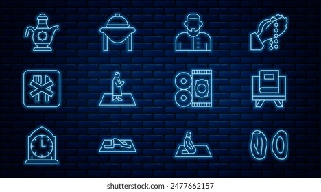 Set line Date fruit, Holy book of Koran, Muslim man, prays, Ramadan fasting, Islamic teapot, Traditional carpet and Table food icon. Vector
