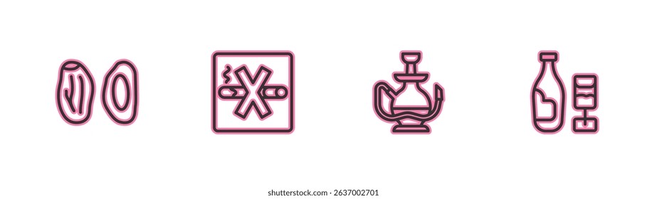 Set line Date fruit, Hookah, No Smoking and Wine bottle with glass icon. Vector