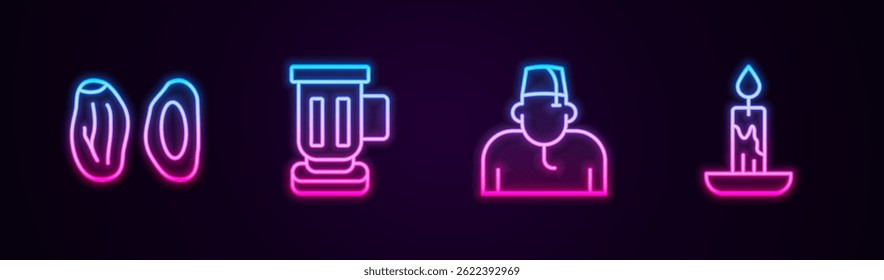 Set line Date fruit, Medieval goblet, Muslim man and Burning candle. Glowing neon icon. Vector