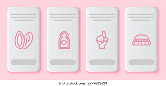Set line Date fruit, Muslim Mosque, Hands in praying position and hat for prayer. White rectangle button. Vector