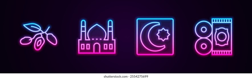 Set line Date fruit, Muslim Mosque, Star and crescent and Traditional carpet. Glowing neon icon. Vector