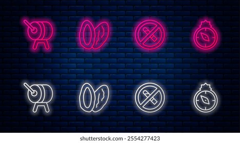 Set line Date fruit, No Smoking, Ramadan drum and Qibla. Glowing neon icon on brick wall. Vector