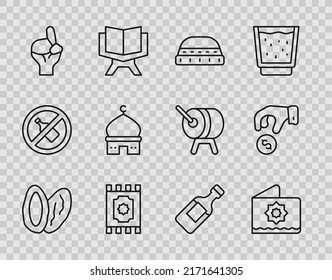 Set line Date fruit, Octagonal star, Muslim hat for prayer, Traditional carpet, Hands in praying position, Mosque, Bottle of water and Donate pay your zakat icon. Vector