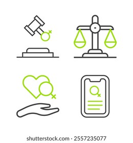 Set line Dating app, Heart with female gender, Gender equality and Female rights icon. Vector