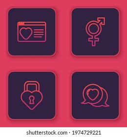 Set line Dating app online, Castle the shape of heart, Gender and Heart speech bubble. Blue square button. Vector